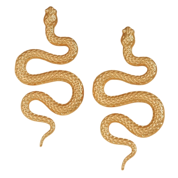 Gold Snake Earrings 3D Snakes Modern Nature Goth Glam Statement Post Halloween - Picture 1 of 9
